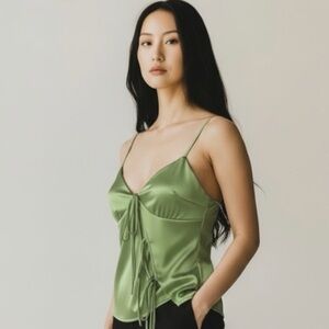 NWOT Pretty Garbage Cropped Cami Top Lime Green Satin- Tie Front - Size Small